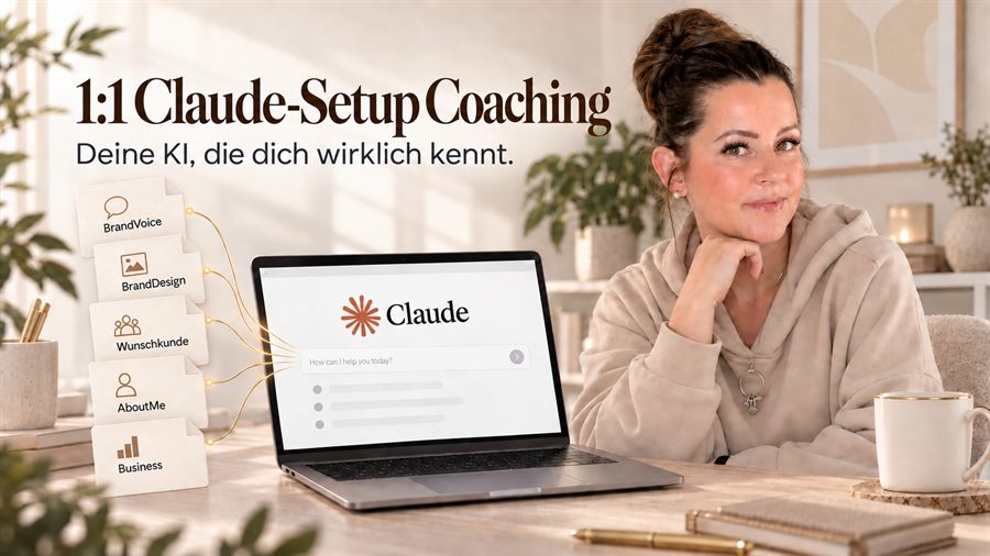 Alina Gerhardt am Laptop mit geöffnetem Claude, daneben die fünf Fundament-Dateien