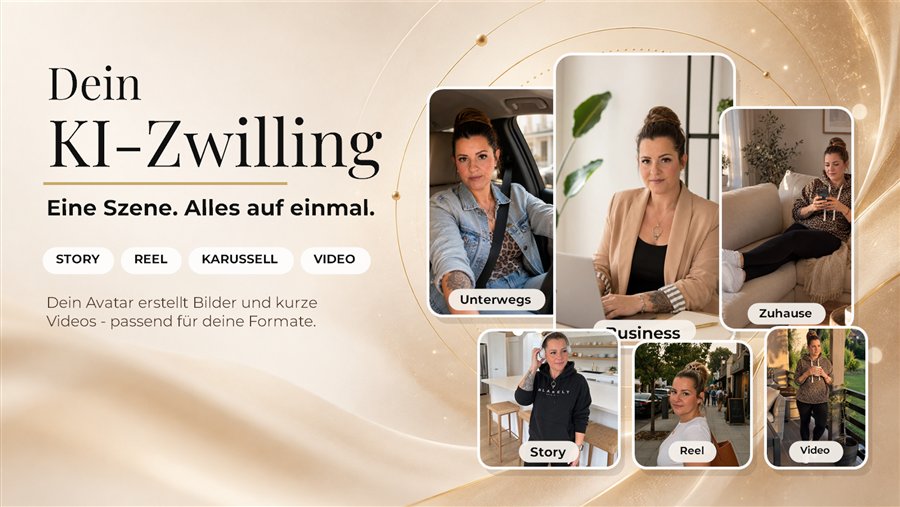 Dein KI-Zwilling: eine Szene, daraus Bilder für Story, Reel und Karussell sowie ein Video